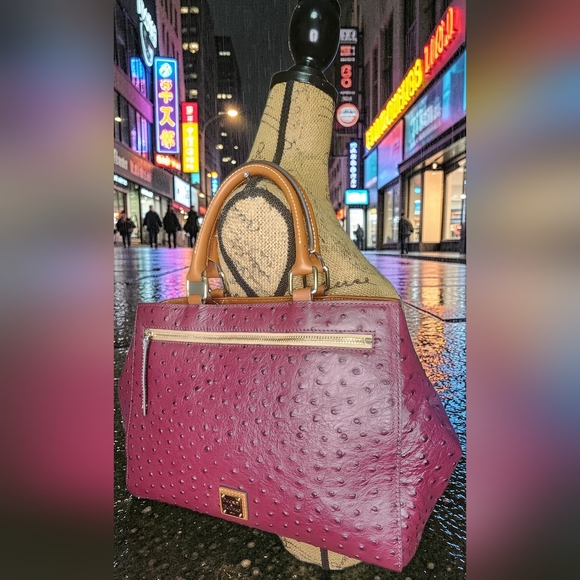 Dooney & Bourke Burgundy Ostrich Zip Satchel With Tan Handles - Picture 10 of 16